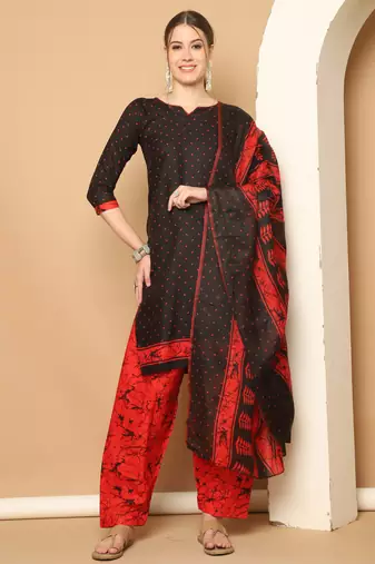 Rajnandini black cotton blend printed ready to wear patiala salwar suit
