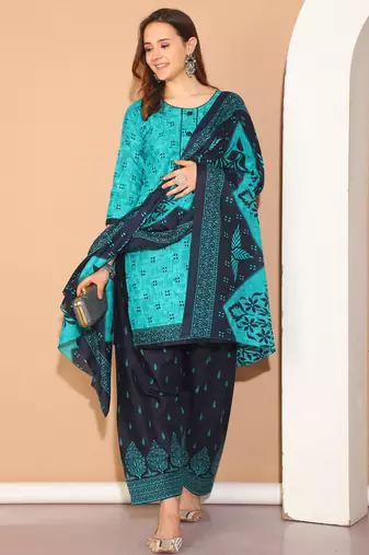 Rajnandini rama green cotton blend printed ready to wear patiala salwar suit