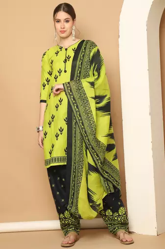 Rajnandini neon yellow cotton blend printed ready to wear patiala salwar suit