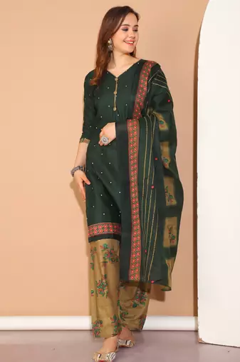 Rajnandini green cotton blend printed ready to wear patiala salwar suit