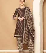 brown cotton blend printed ready to wear patiala salwar suit