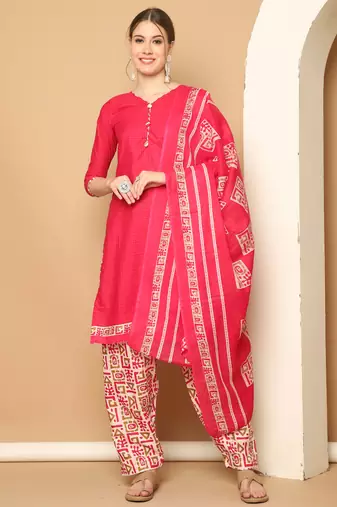 Rajnandini pink cotton blend printed ready to wear patiala salwar suit