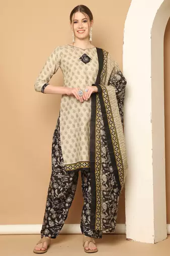 Rajnandini beige cotton blend printed ready to wear patiala salwar suit