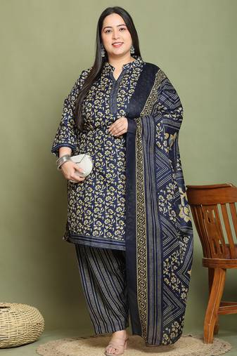 Rajnandini navy blue cotton blend printed ready to wear patiala salwar suit