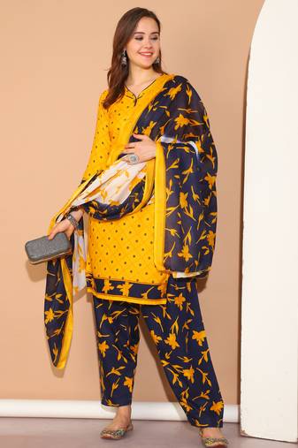 Rajnandini mustard cotton blend printed ready to wear patiala salwar suit