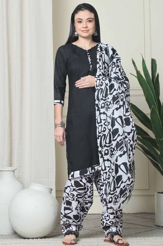 Rajnandini black cotton blend printed ready to wear patiala salwar suit