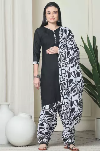 Rajnandini black cotton blend printed ready to wear patiala salwar suit