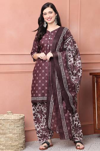Rajnandini wine cotton blend printed ready to wear patiala salwar suit