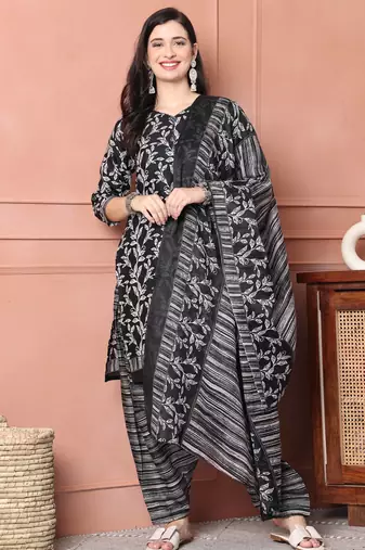 Rajnandini black & white cotton blend printed ready to wear patiala salwar suit
