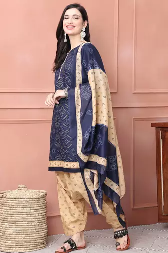 Rajnandini navy blue cotton blend printed ready to wear patiala salwar suit