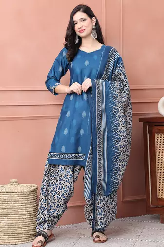Rajnandini blue cotton blend printed ready to wear patiala salwar suit