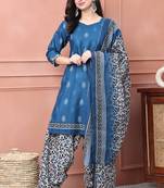 blue cotton blend printed ready to wear patiala salwar suit