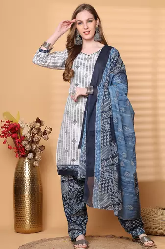 Rajnandini white cotton blend printed ready to wear patiala salwar suit
