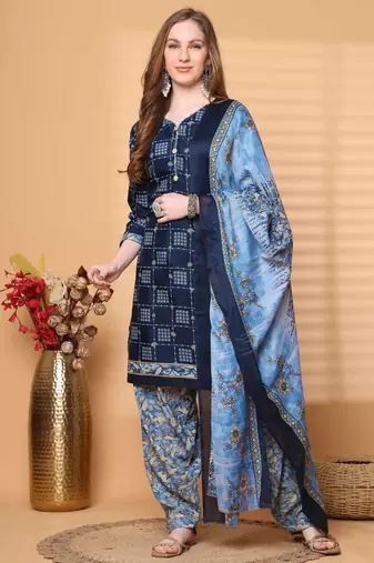 Rajnandini navy blue cotton blend printed ready to wear patiala salwar suit