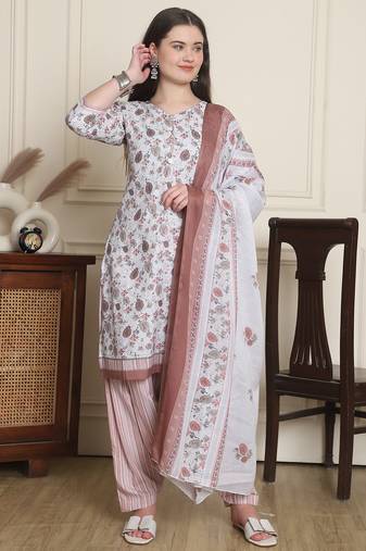 Rajnandini white cotton blend printed ready to wear patiala salwar suit