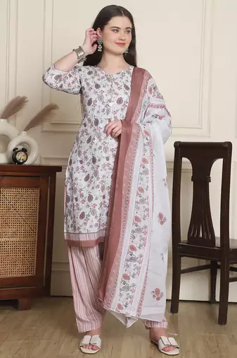 Rajnandini white cotton blend printed ready to wear patiala salwar suit