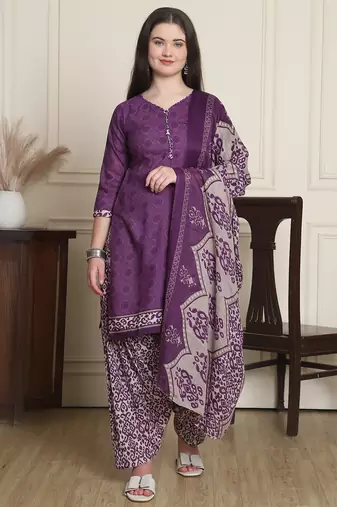 Rajnandini purple cotton blend printed ready to wear patiala salwar suit