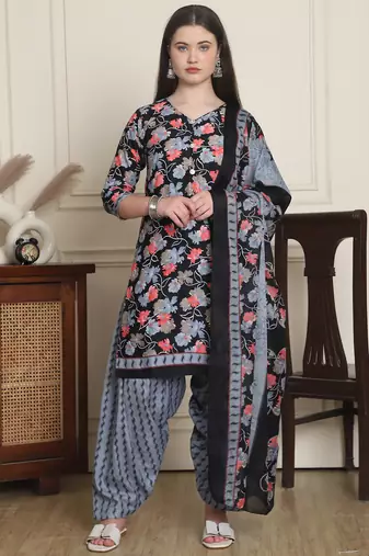 Rajnandini black cotton blend printed ready to wear patiala salwar suit