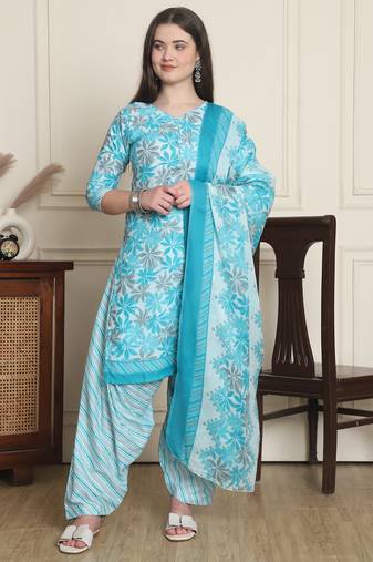 Rajnandini turquoise & white cotton blend printed ready to wear patiala salwar suit