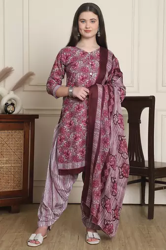 Rajnandini wine cotton blend printed ready to wear patiala salwar suit