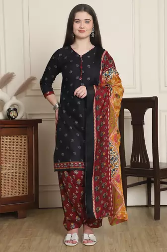 Rajnandini black cotton blend printed ready to wear patiala salwar suit