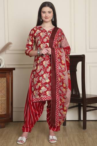Rajnandini red cotton blend printed ready to wear patiala salwar suit