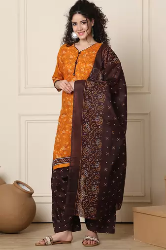Rajnandini orange cotton blend printed ready to wear patiala salwar suit