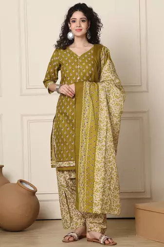 Rajnandini green cotton blend printed ready to wear patiala salwar suit