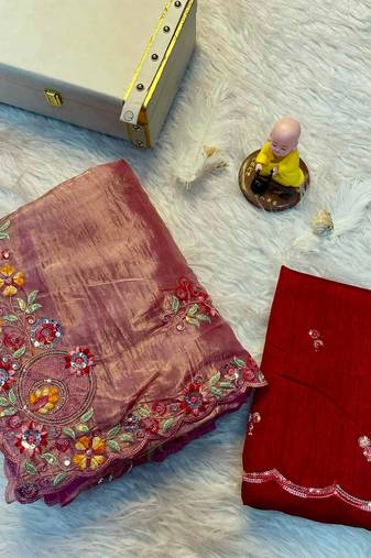 onion pink Gold crush multi thread sequins work saree
