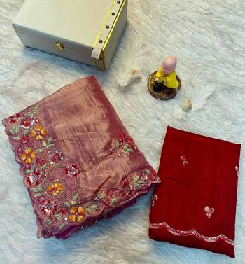 onion pink Gold crush multi thread sequins work saree 1