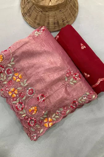 onion pink Gold crush multi thread sequins work saree