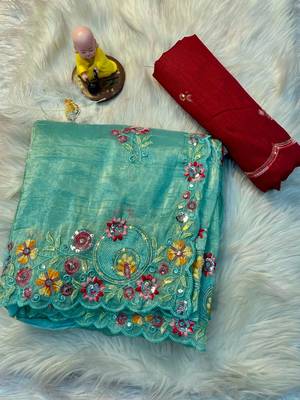 Sky blue Gold crush multi thread sequins work saree 1