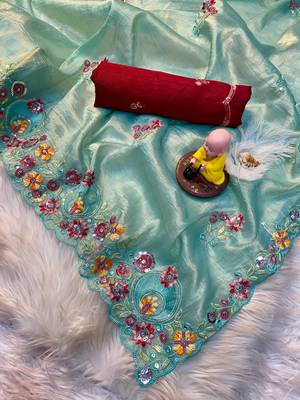Sky blue Gold crush multi thread sequins work saree 2
