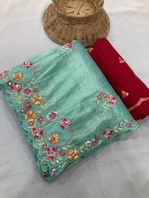 Sky blue Gold crush multi thread sequins work saree 4