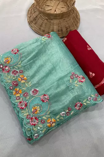 Sky blue Gold crush multi thread sequins work saree