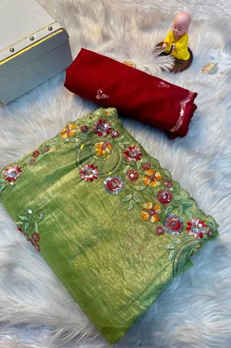 Green Gold crush multi thread sequins work saree