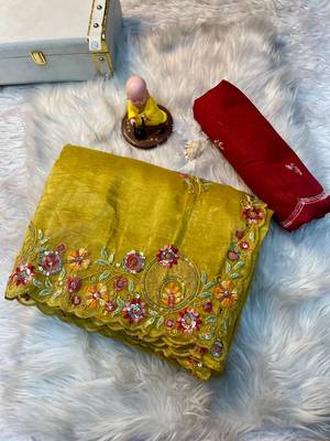 Yellow Gold crush multi thread sequins work saree 1