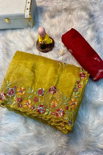 Yellow Gold crush multi thread sequins work saree