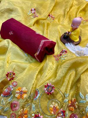 Yellow Gold crush multi thread sequins work saree 2