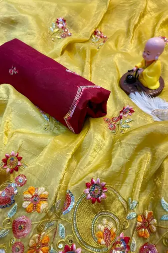 Yellow Gold crush multi thread sequins work saree
