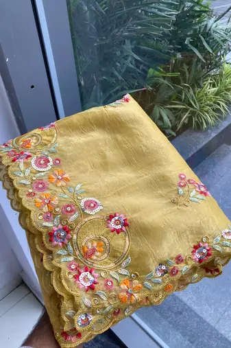 Yellow Gold crush multi thread sequins work saree