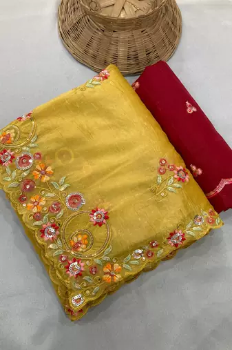 Yellow Gold crush multi thread sequins work saree