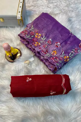 Purple Gold crush multi thread sequins work saree