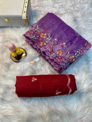 Purple Gold crush multi thread sequins work saree 1