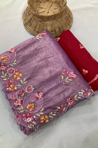Purple Gold crush multi thread sequins work saree