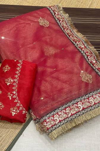 red Crush Fabric Multi Thread Sequins Embroidered saree