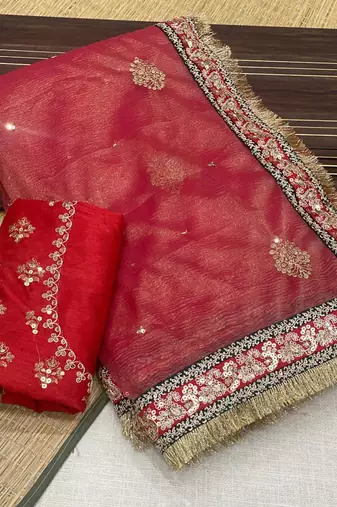 red Crush Fabric Multi Thread Sequins Embroidered saree