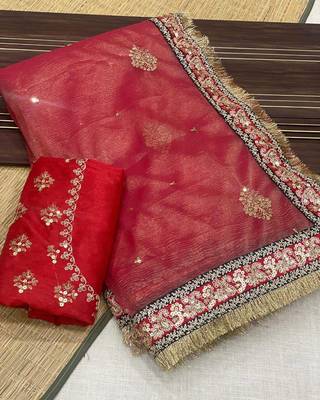 red Crush Fabric Multi Thread Sequins Embroidered saree 1