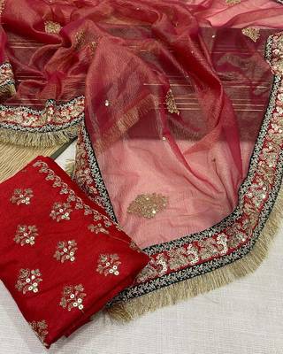 red Crush Fabric Multi Thread Sequins Embroidered saree 2