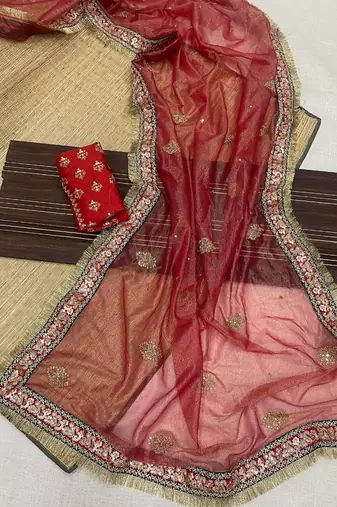 red Crush Fabric Multi Thread Sequins Embroidered saree